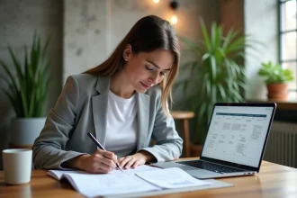 Femme en blazer gris rédigeant un projet d'animation sur un bureau en bois avec un modèle de planning ouvert sur ordinateur portable