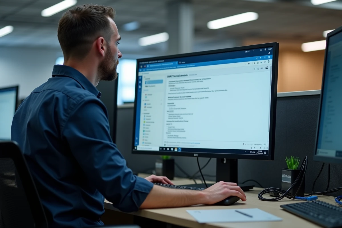 Technicien configurant Thunderbird avec les paramètres IMAP de l'académie de Strasbourg dans une salle informatique universitaire