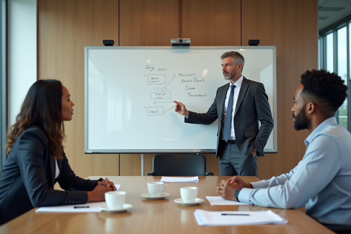 Homme en costume expliquant des points aux stagiaires en réunion
