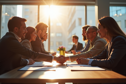 Groupe de professionnels autour d'une table avec certificats et poignée de main