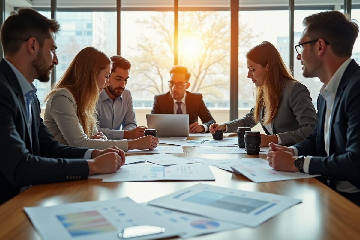 Groupe de professionnels autour d'une table lumineuse avec plans et objectifs