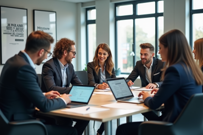 Groupe de professionnels en réunion dans un bureau lumineux