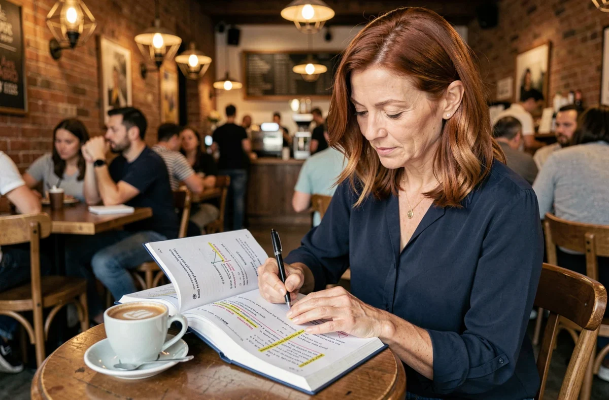 Femme autodidacte révisant les articles définis et indéfinis français dans un café chaleureux, avec un cahier de grammaire annoté et un café à ses côtés