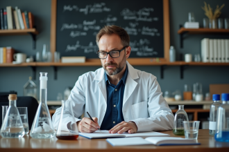 Scientifique homme en laboratoire analysant des éprouvettes