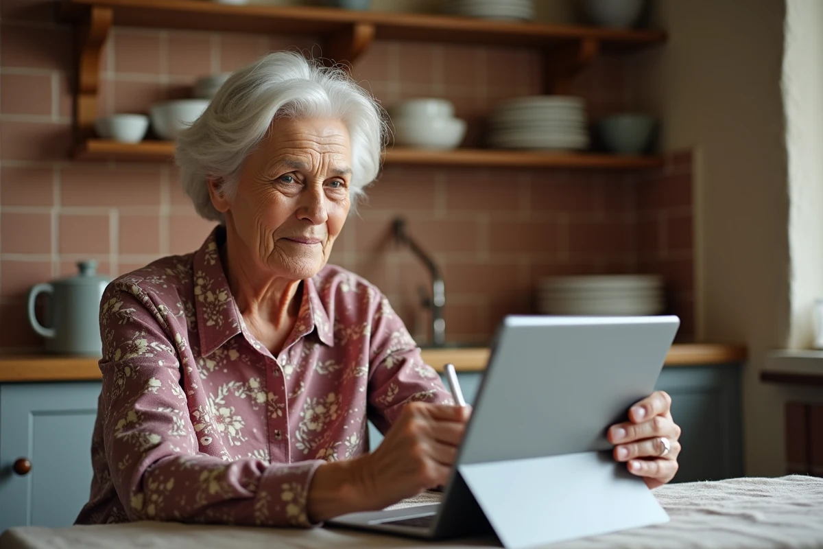 Femme senior utilisant une tablette pour sa première connexion au service numérique Aisne NEO dans sa cuisine