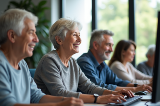 Femme senior souriante en formation informatique