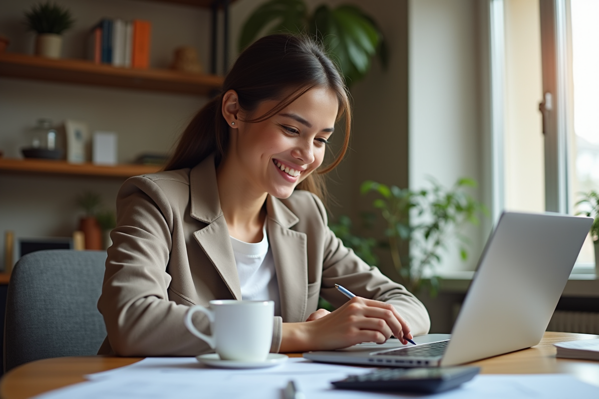 Stagiaire souriante remplissant un formulaire financier à la maison