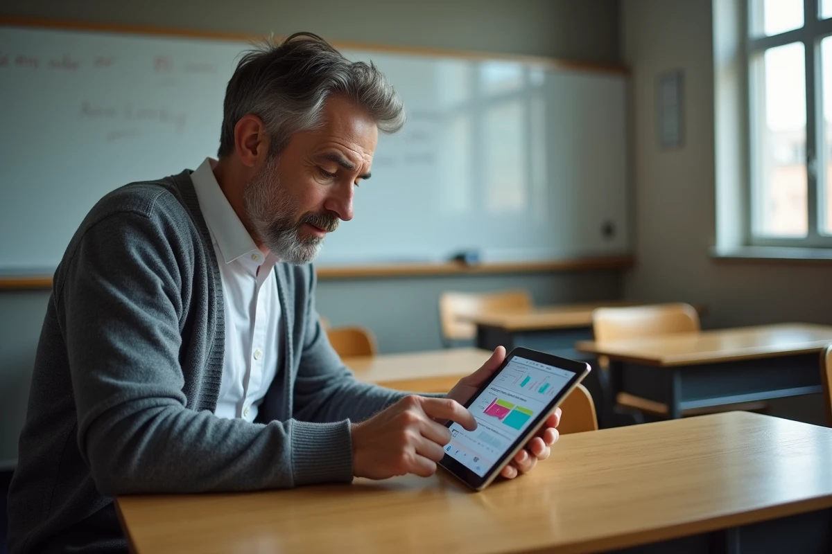 Enseignant consultant le suivi des élèves sur une tablette avec le logiciel Easy Scol dans une salle de classe vide