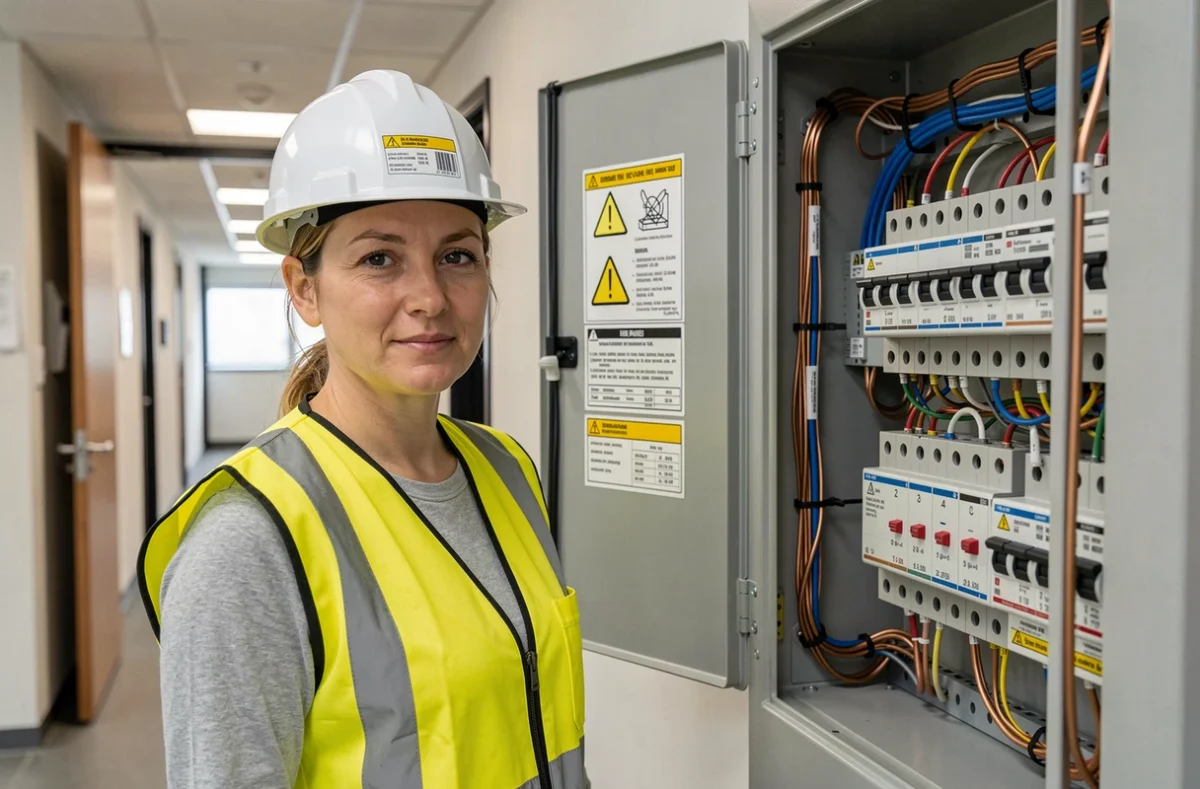 Ingénieure électricienne inspectant un tableau de distribution avec symboles de sécurité électrique normalisés
