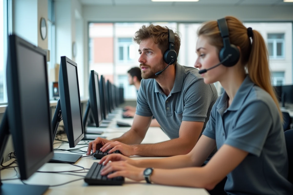 Technicien informatique aidant un personnel à résoudre un problème de connexion PIA dans une salle informatique d'établissement scolaire