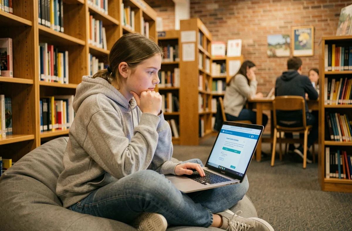 Adolescente passant un test d'orientation professionnelle en ligne dans une bibliothèque scolaire