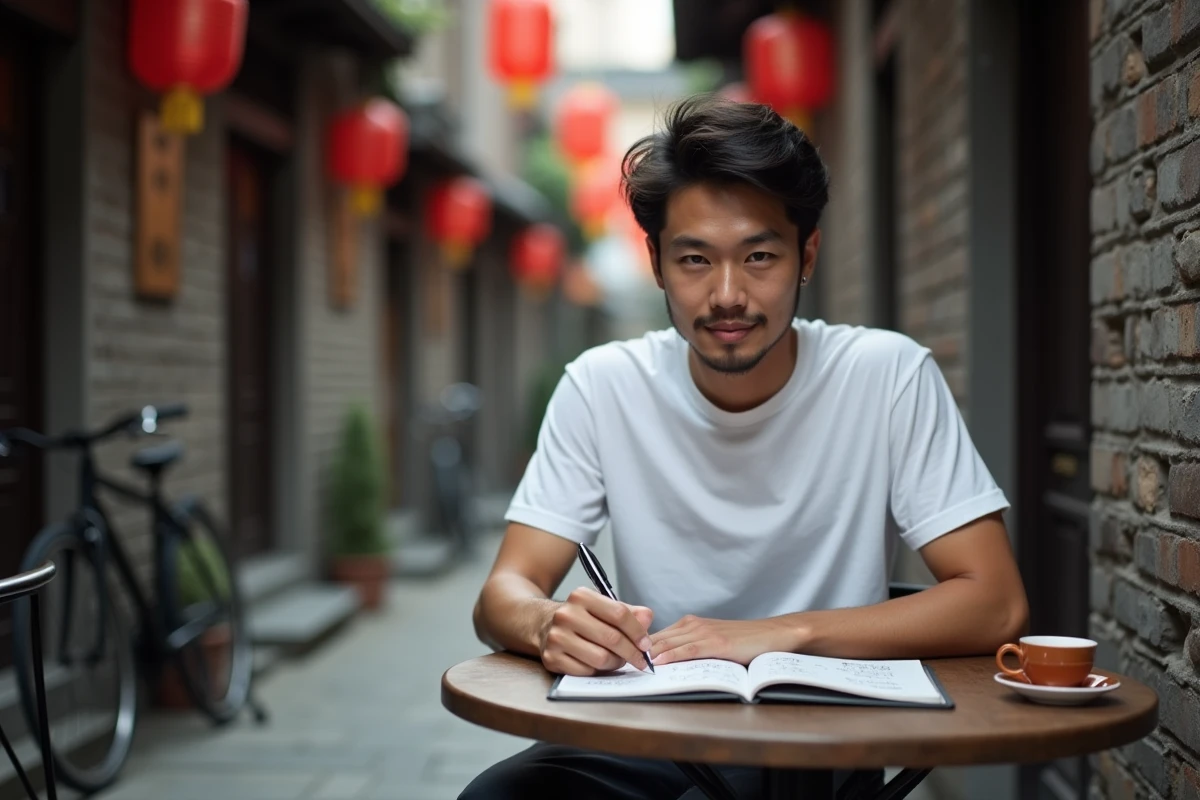 Voyageur apprenant le mandarin dans une ruelle hutong de Pékin avant un voyage en Chine