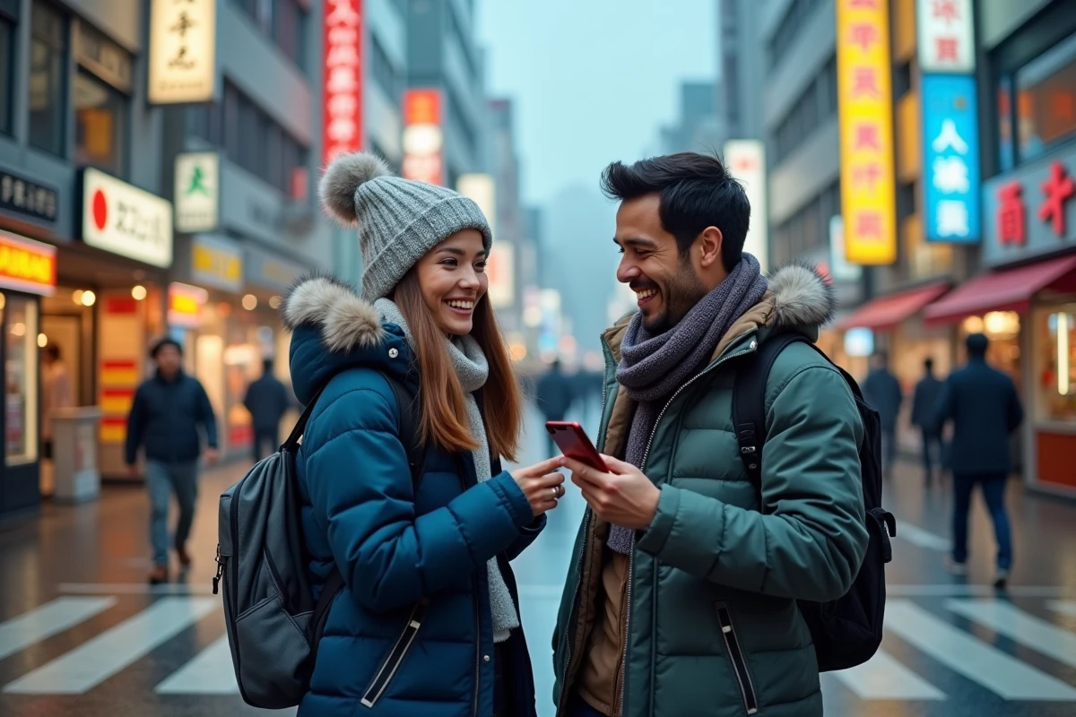 Deux voyageurs comparant le japonais et le chinois sur smartphone devant un panneau bilingue à Tokyo