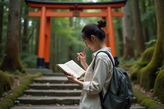 Voyageuse consultant un guide de japonais devant un torii à Kyoto avant de partir au Japon